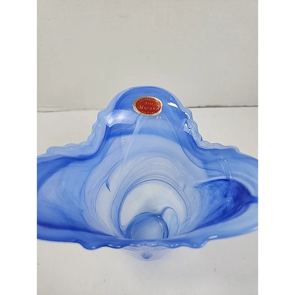 Vintage Lavorazione Murano Style Art Glass Blue Clear Swirl Ruffled Edge Vase